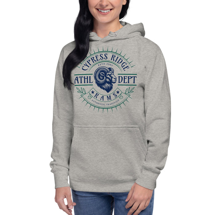 Woman wearing Cypress Ridge High School Rams Carbon Grey Premium Unisex Hoodie 201