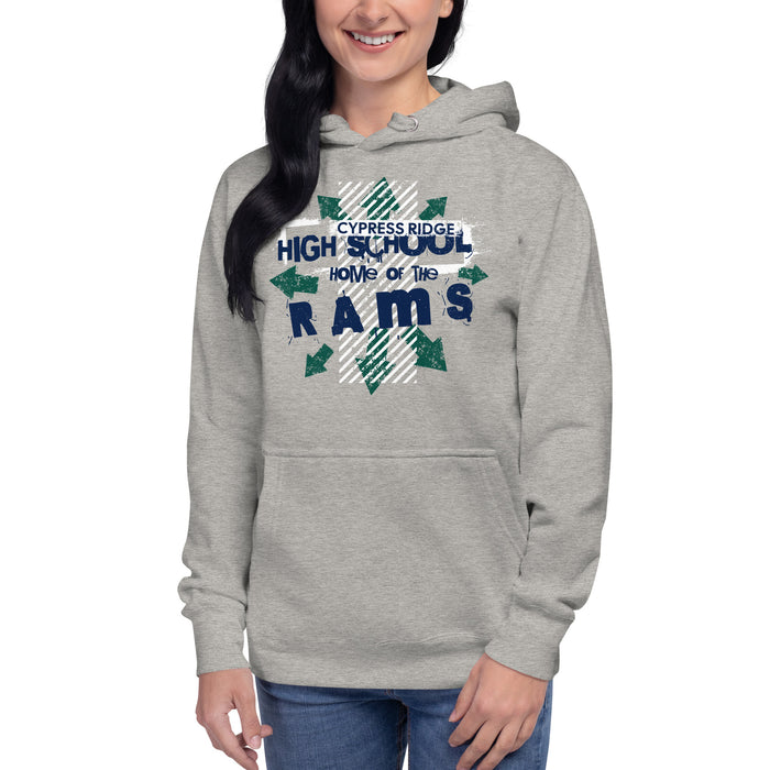 Woman wearing Cypress Ridge High School Rams Carbon Grey Premium Unisex Hoodie 210