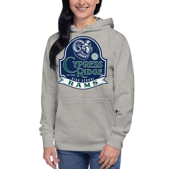 Woman wearing Cypress Ridge High School Rams Carbon Grey Premium Unisex Hoodie 219