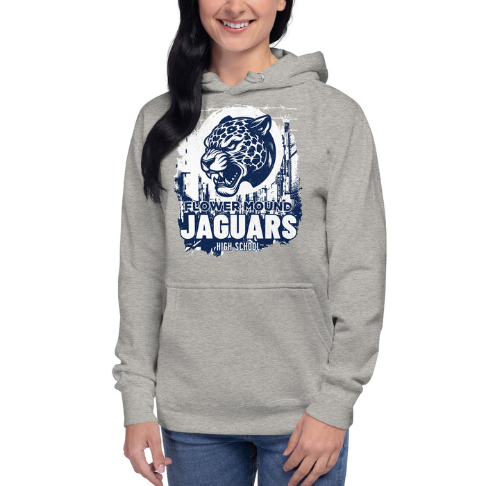 Woman wearing Flower Mound High School Jaguars Carbon Grey Premium Hoodie 202