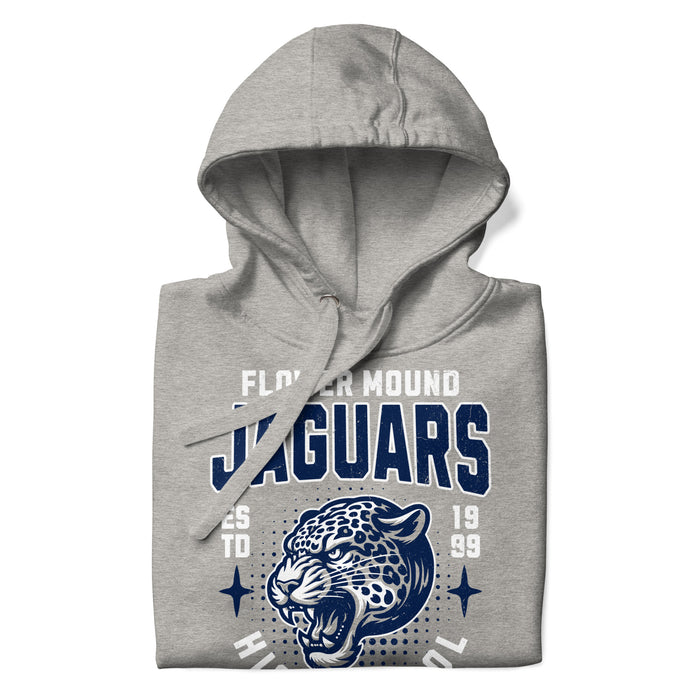 A close-up picture of a carbon grey hoodie with the Flower Mound High School Jaguars logo folded neatly. This hoodie features design #204