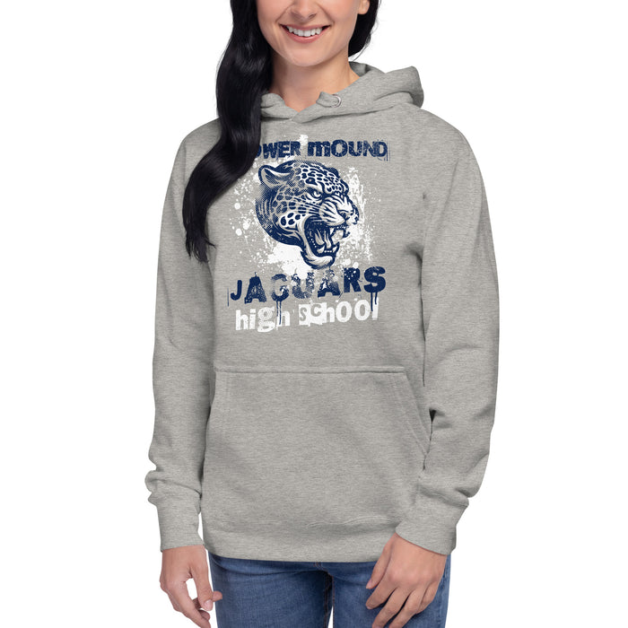 Woman wearing Flower Mound High School Jaguars Carbon Grey Premium Hoodie 205