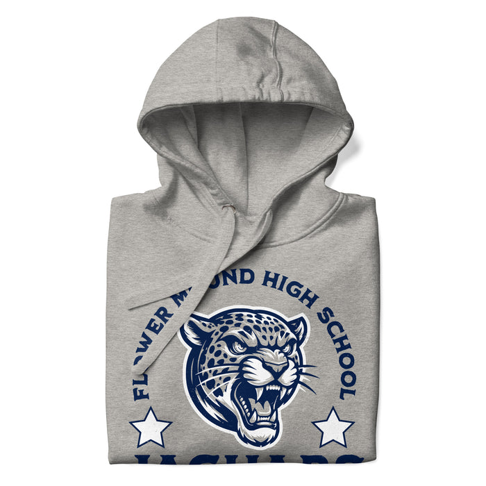 A close-up picture of a carbon grey hoodie with the Flower Mound High School Jaguars logo folded neatly. This hoodie features design #208