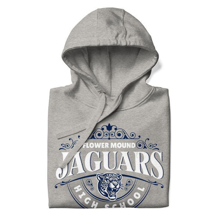 A close-up picture of a carbon grey hoodie with the Flower Mound High School Jaguars logo folded neatly. This hoodie features design #211