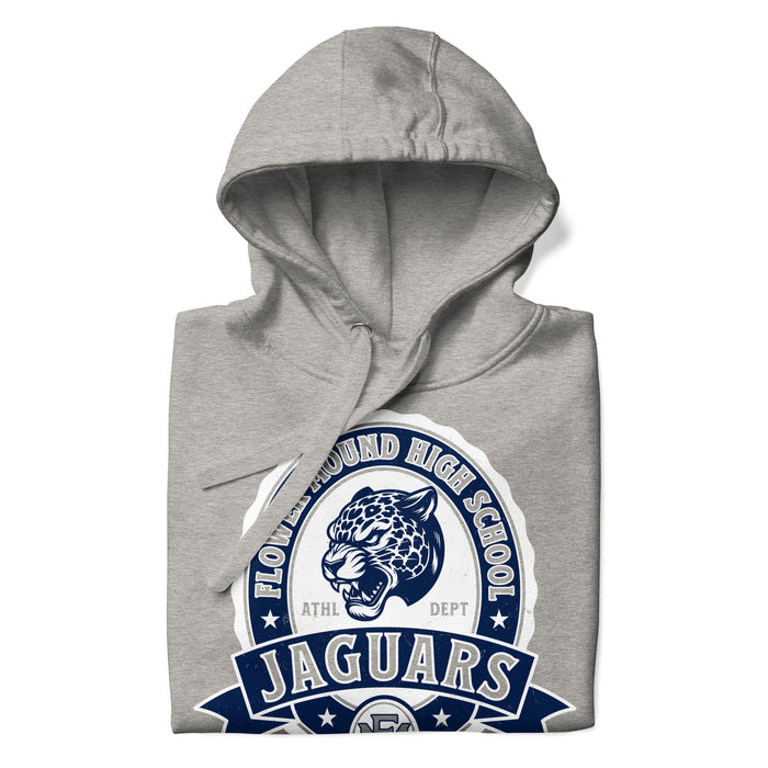 A close-up picture of a carbon grey hoodie with the Flower Mound High School Jaguars logo folded neatly. This hoodie features design #212