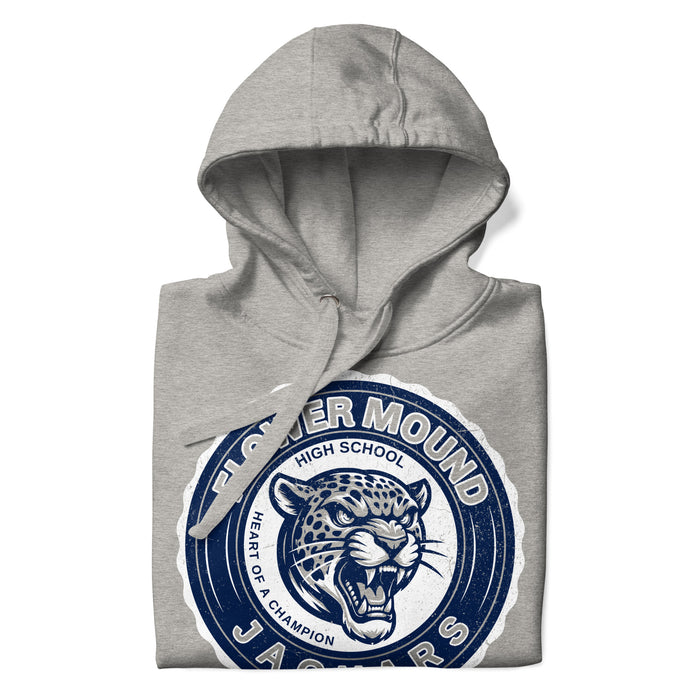 A close-up picture of a carbon grey hoodie with the Flower Mound High School Jaguars logo folded neatly. This hoodie features design #216