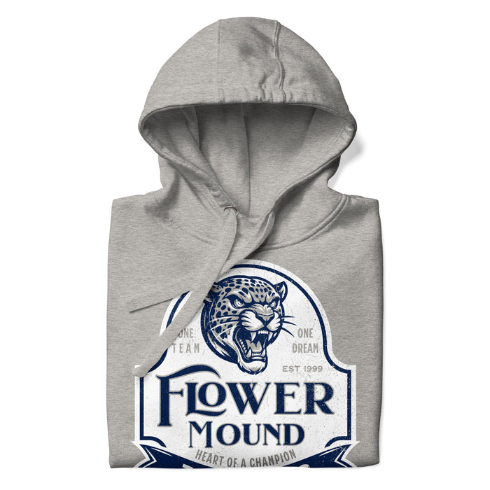 A close-up picture of a carbon grey hoodie with the Flower Mound High School Jaguars logo folded neatly. This hoodie features design #219