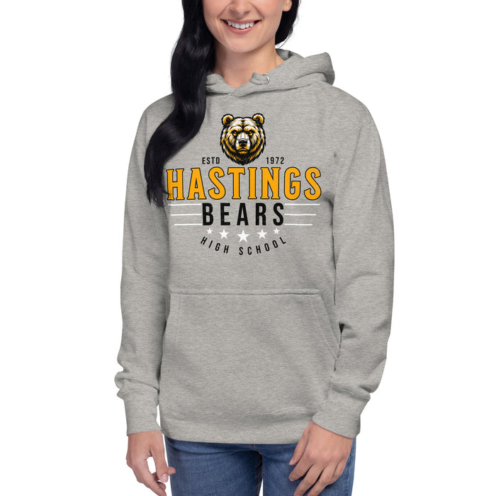 Woman wearing Hastings High School Bears Carbon Grey Premium Unisex Hoodie 217