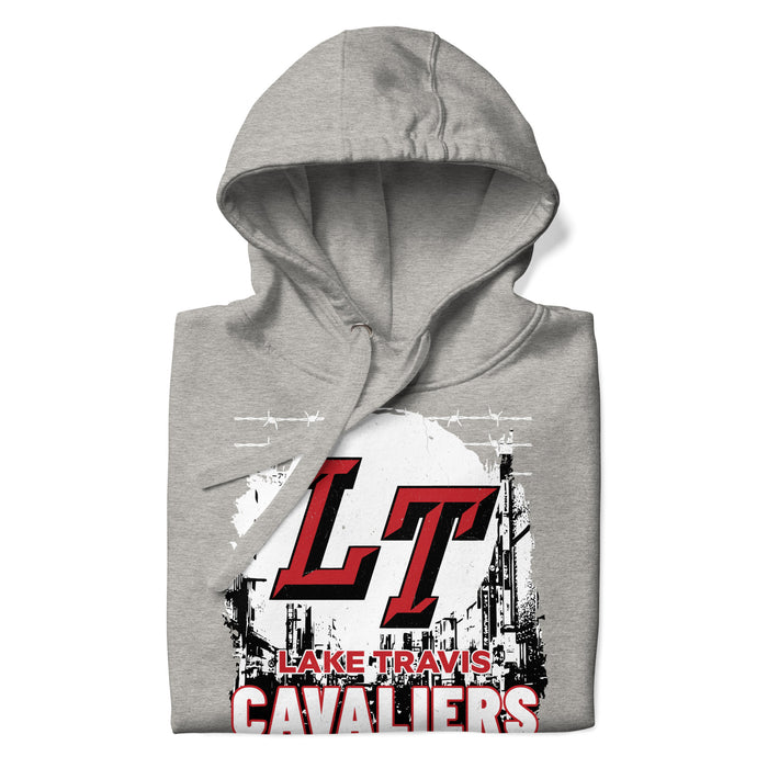 A close-up picture of a carbon grey hoodie with the Lake Travis High School Cavaliers logo folded neatly. This hoodie features design #202