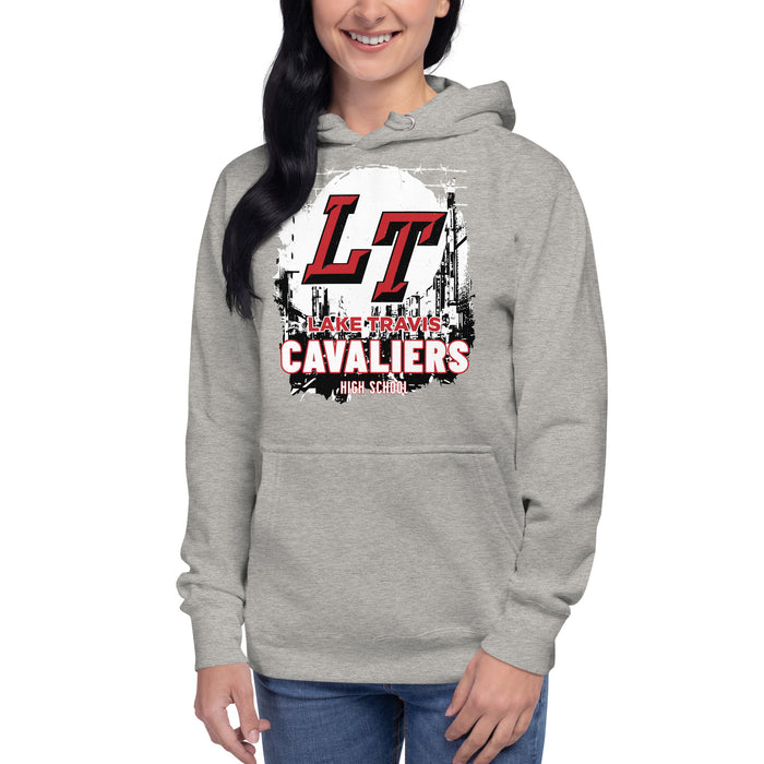 Woman wearing Lake Travis High School Cavaliers Carbon Grey Premium Unisex Hoodie 202