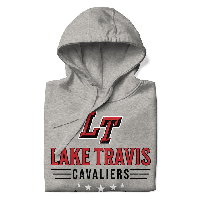 A close-up picture of a carbon grey hoodie with the Lake Travis High School Cavaliers logo folded neatly. This hoodie features design #217