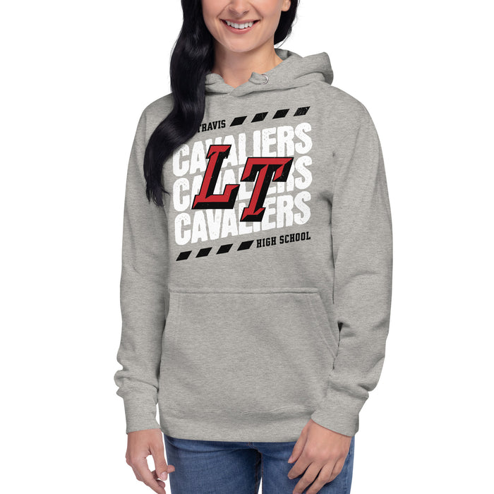 Woman wearing Lake Travis High School Cavaliers Carbon Grey Premium Unisex Hoodie 223