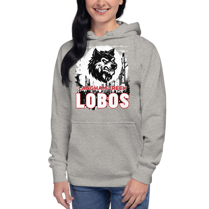 Woman wearing Langham Creek High School Lobos Carbon Grey Premium Unisex Hoodie 202