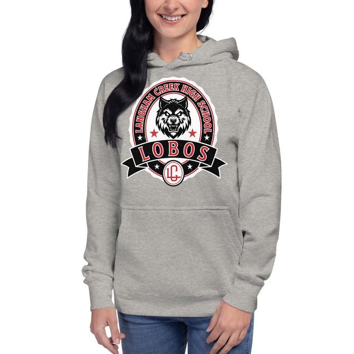 Woman wearing Langham Creek High School Lobos Carbon Grey Premium Unisex Hoodie 212