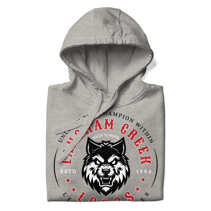 Neatly folded Langham Creek High School Lobos Carbon Grey Premium Unisex Hoodie 214