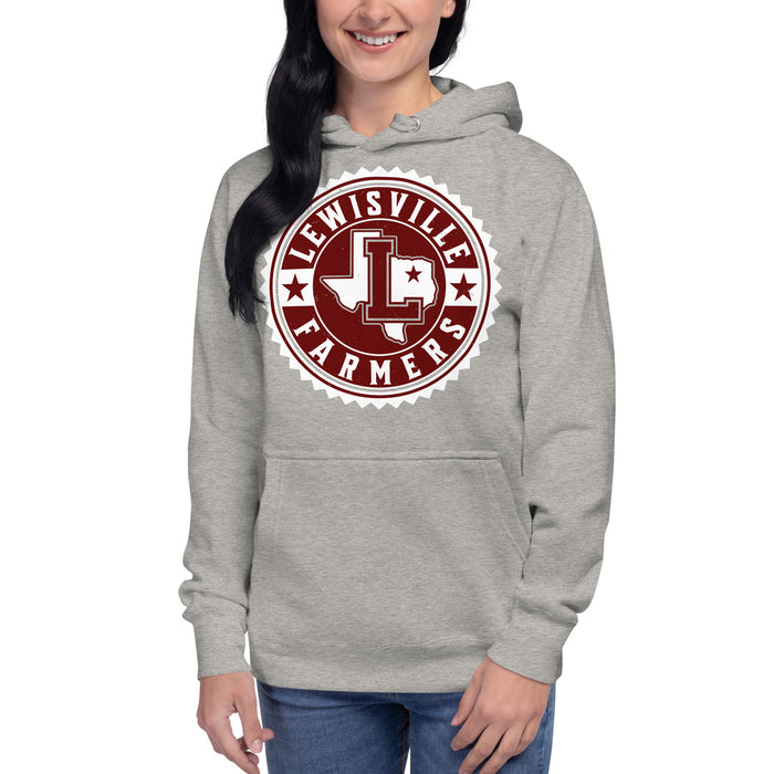 Woman wearing Lewisville High School Farmers Grey Premium Unisex Hoodie 203