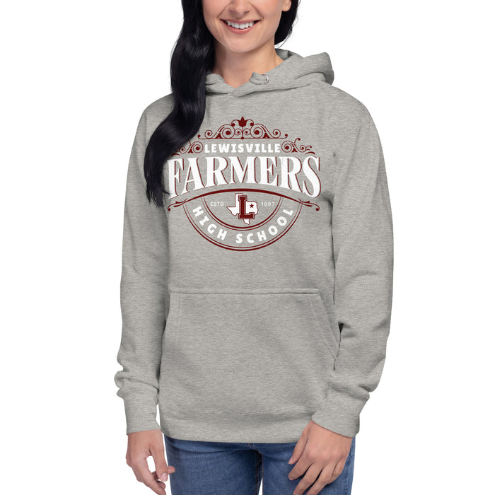 Woman wearing Lewisville High School Farmers Grey Premium Unisex Hoodie 211