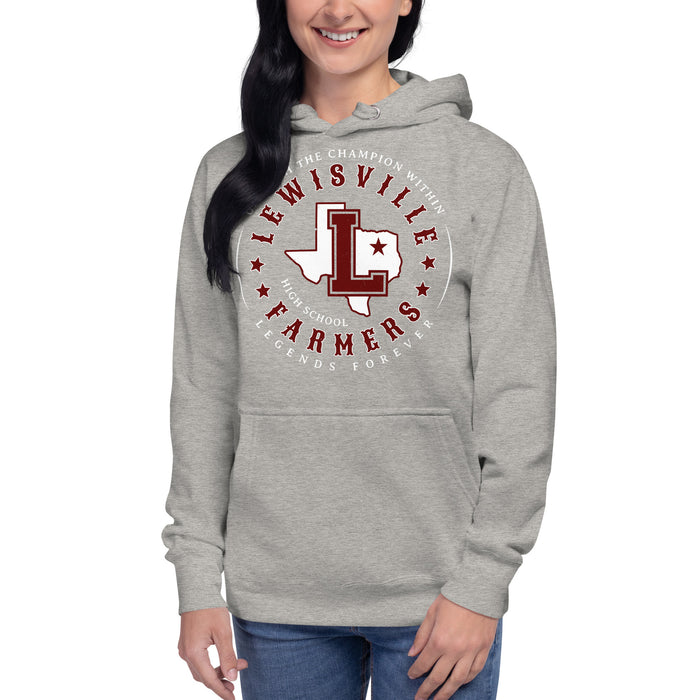 Woman wearing Lewisville High School Farmers Grey Premium Unisex Hoodie 214