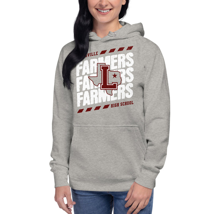 Woman wearing Lewisville High School Farmers Grey Premium Unisex Hoodie 223