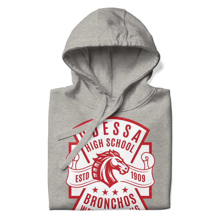 Neatly folded Odessa High School Bronchos Grey Premium Unisex Hoodie 207