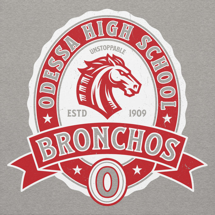 Close-up view of Odessa High School Bronchos Grey Premium Unisex Hoodie 212