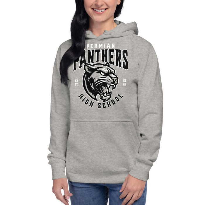 Woman wearing Permian High School Panthers Grey Premium Unisex Hoodie 213