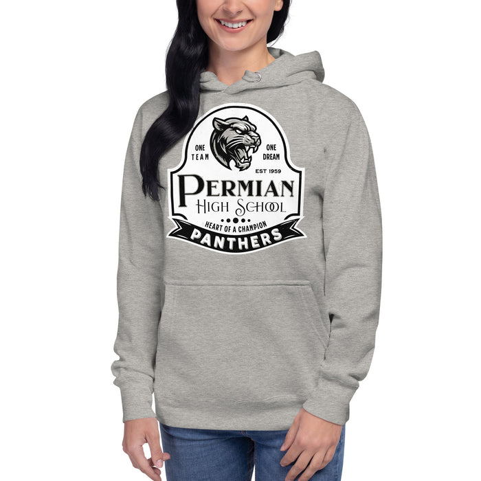 WOman wearing Permian High School Panthers Grey Premium Unisex Hoodie 219