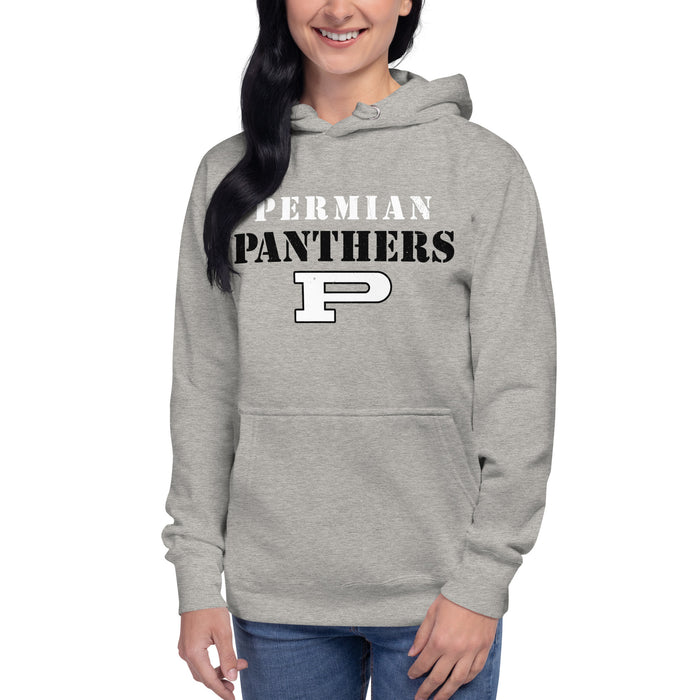 Woman wearing Permian High School Panthers Grey Premium Unisex Hoodie 221