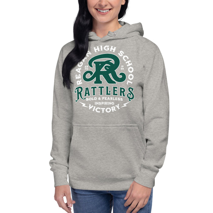 Woman wearing Reagan High School Rattlers Premium Carbon Grey Hoodie 206