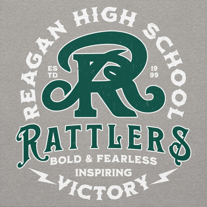 Close-up view of Reagan High School Rattlers Premium Carbon Grey Hoodie 206