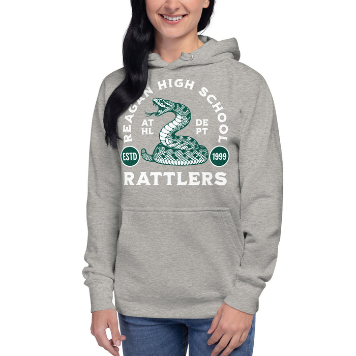 Woman wearing Reagan High School Rattlers Premium Carbon Grey Hoodie 208