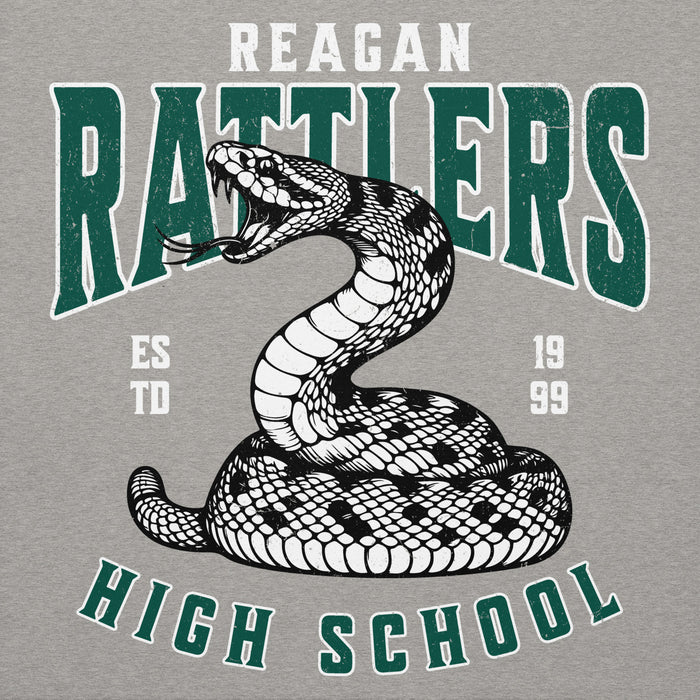 Close-up view of Reagan High School Rattlers Premium Carbon Grey Hoodie 213