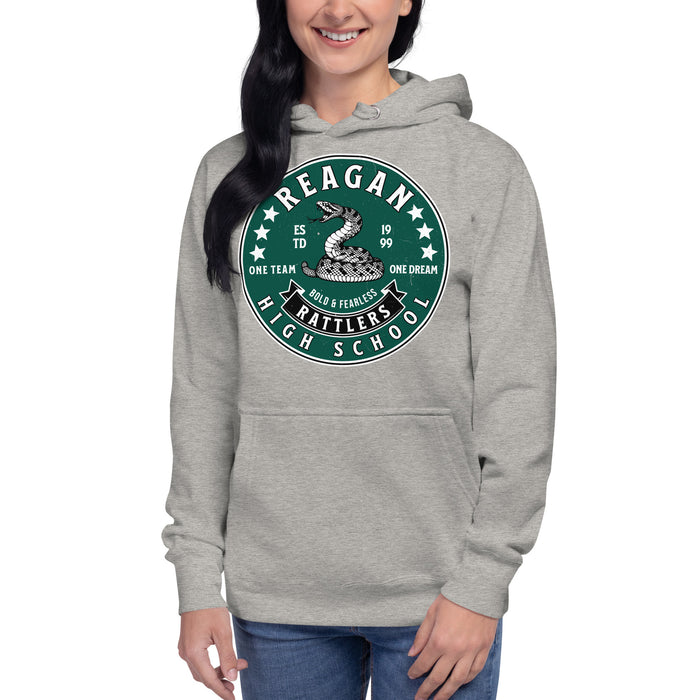 Woman wearing Reagan High School Rattlers Premium Carbon Grey Hoodie 215