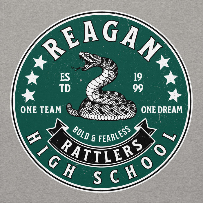 Close-up view of Reagan High School Rattlers Premium Carbon Grey Hoodie 215