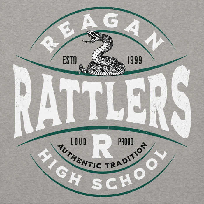 Close-up view of Reagan High School Rattlers Premium Carbon Grey Hoodie 218