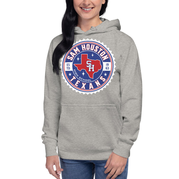 Woman wearing Sam Houston High School Texans Grey Premium Unisex Hoodie 203