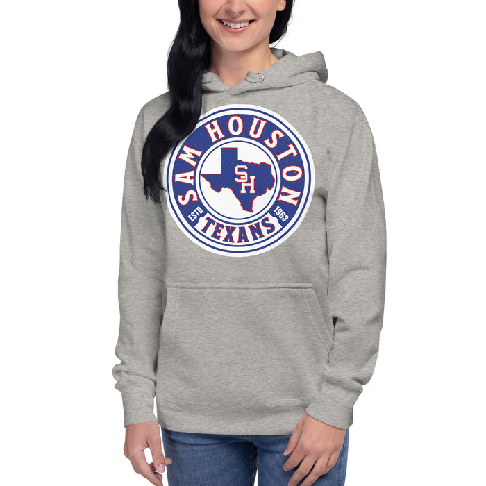 Woman wearing Sam Houston High School Texans Grey Premium Unisex Hoodie 220