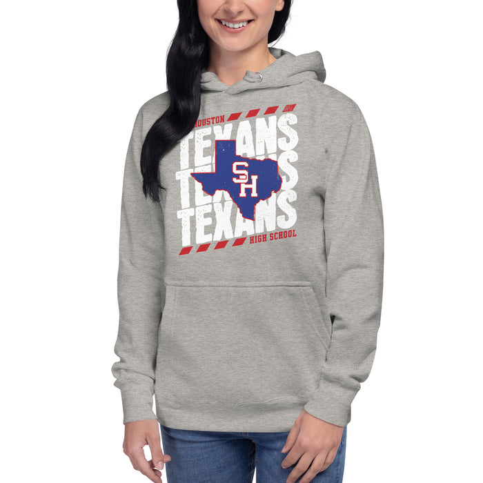 Woman wearing Sam Houston High School Texans Grey Premium Unisex Hoodie 223