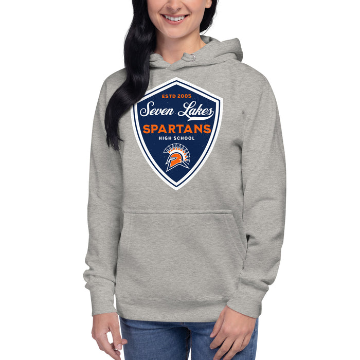 Woman wearing Seven Lakes High School Spartans Grey Premium Unisex Hoodie 225