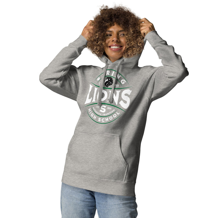 Woman wearing Spring High School Lions Grey Premium Unisex Hoodie 218