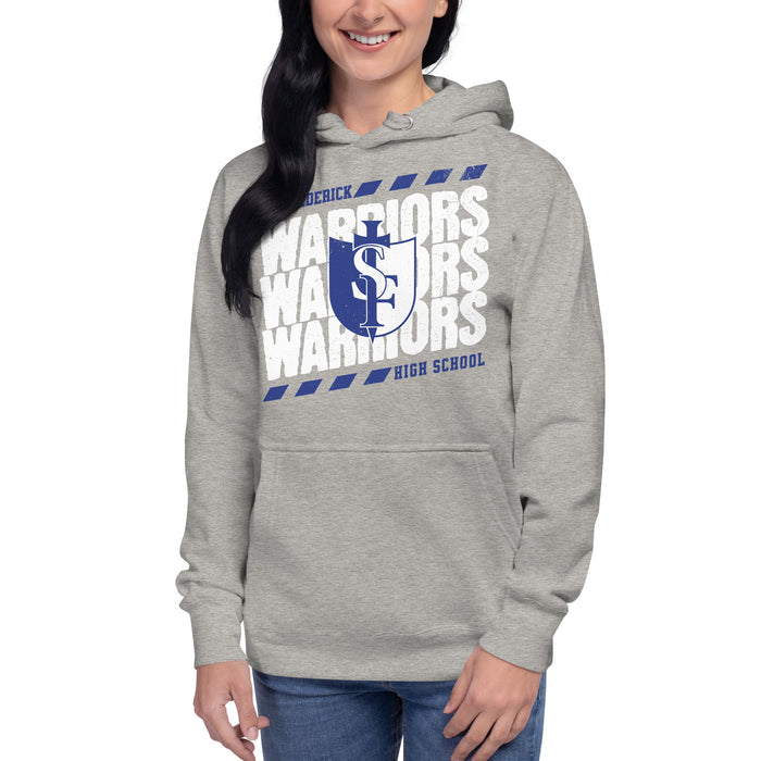 Woman wearing St. Frederick High School Warriors Grey Premium Unisex Hoodie 223