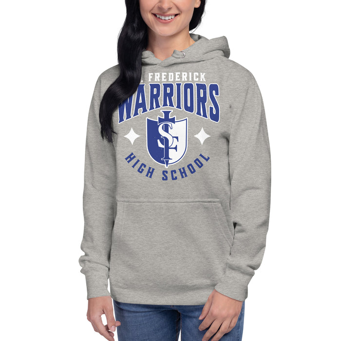 Woman wearing St. Frederick High School Warriors Grey Premium Unisex Hoodie 213