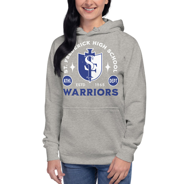 Woman wearing St. Frederick High School Warriors Grey Premium Unisex Hoodie 208