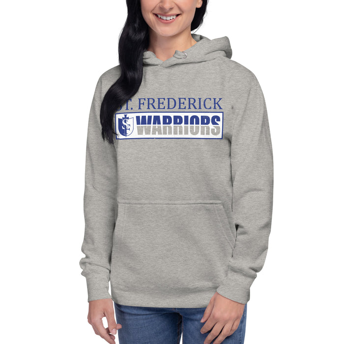 Woman wearing St. Frederick High School Warriors Grey Premium Unisex Hoodie 031