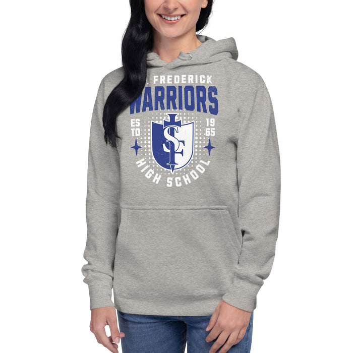 Woman wearing St. Frederick High School Warriors Grey Premium Unisex Hoodie 204