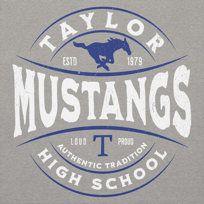 Close-up view of Taylor High School Mustangs Grey Premium Unisex Hoodie 218