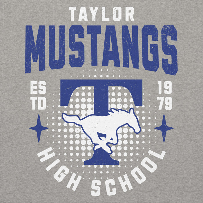 Close-up view of Taylor High School Mustangs Grey Premium Unisex Hoodie 204