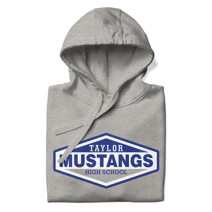 Neatly folded view of Taylor High School Mustangs Grey Premium Unisex Hoodie 009