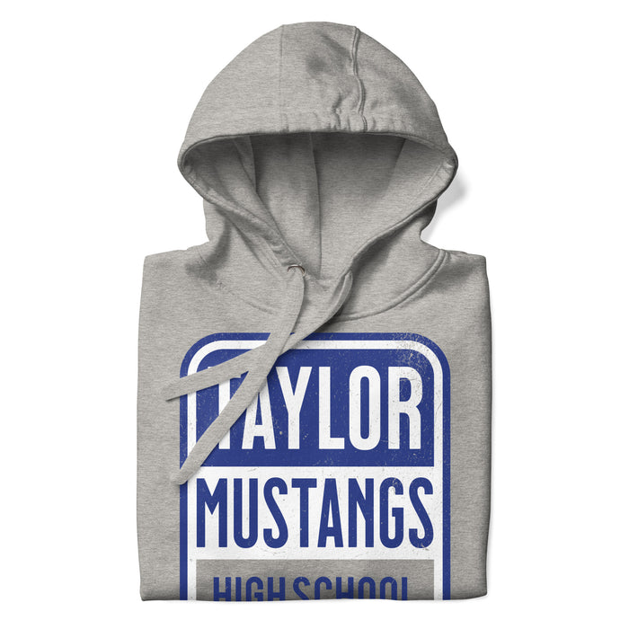 Neatly folded view of Taylor High School Mustangs Grey Premium Unisex Hoodie 001