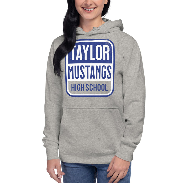 Woman wearing Taylor High School Mustangs Grey Premium Unisex Hoodie 001